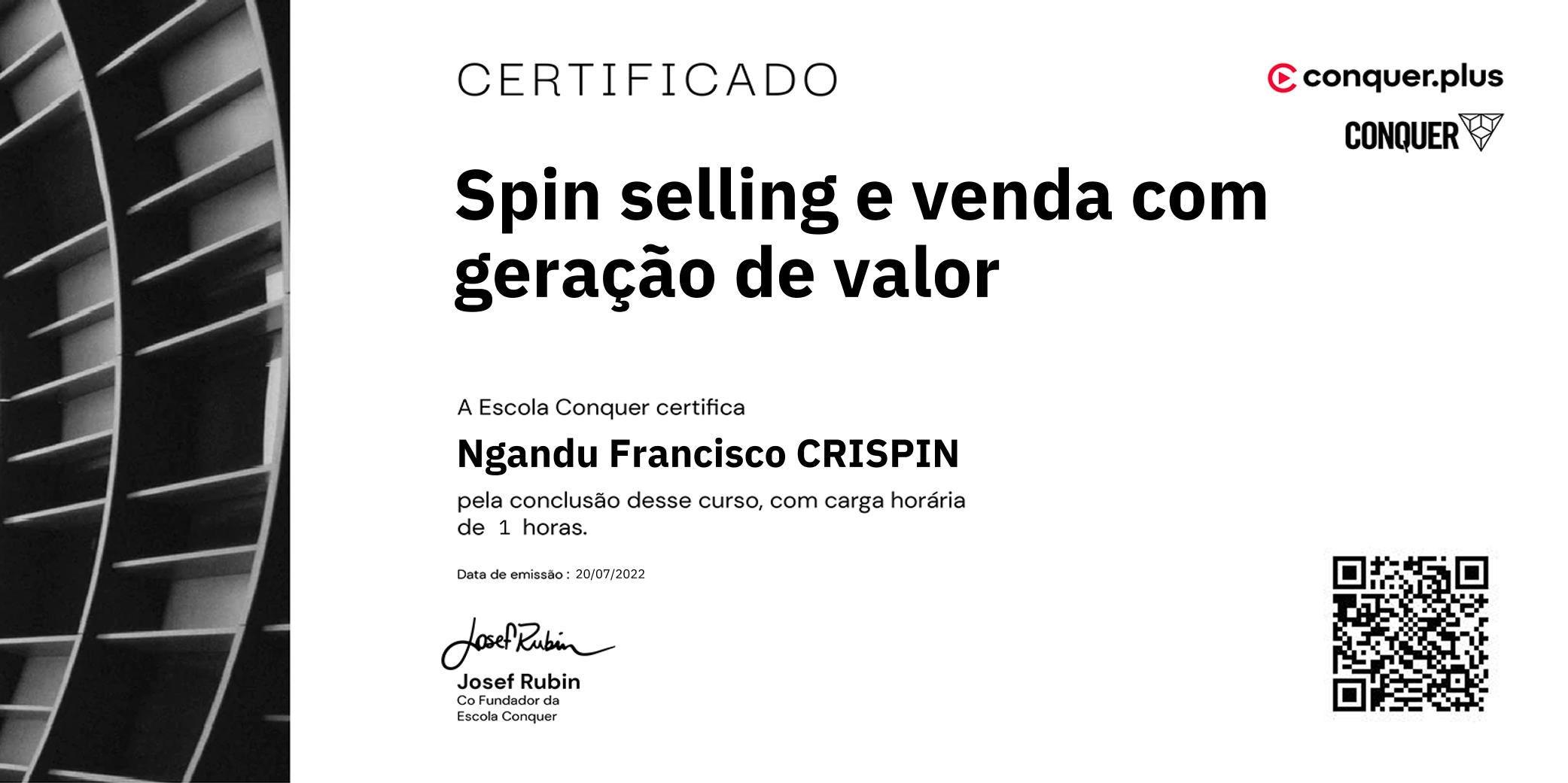 Certificado de Spin selling e venda com geração de valor